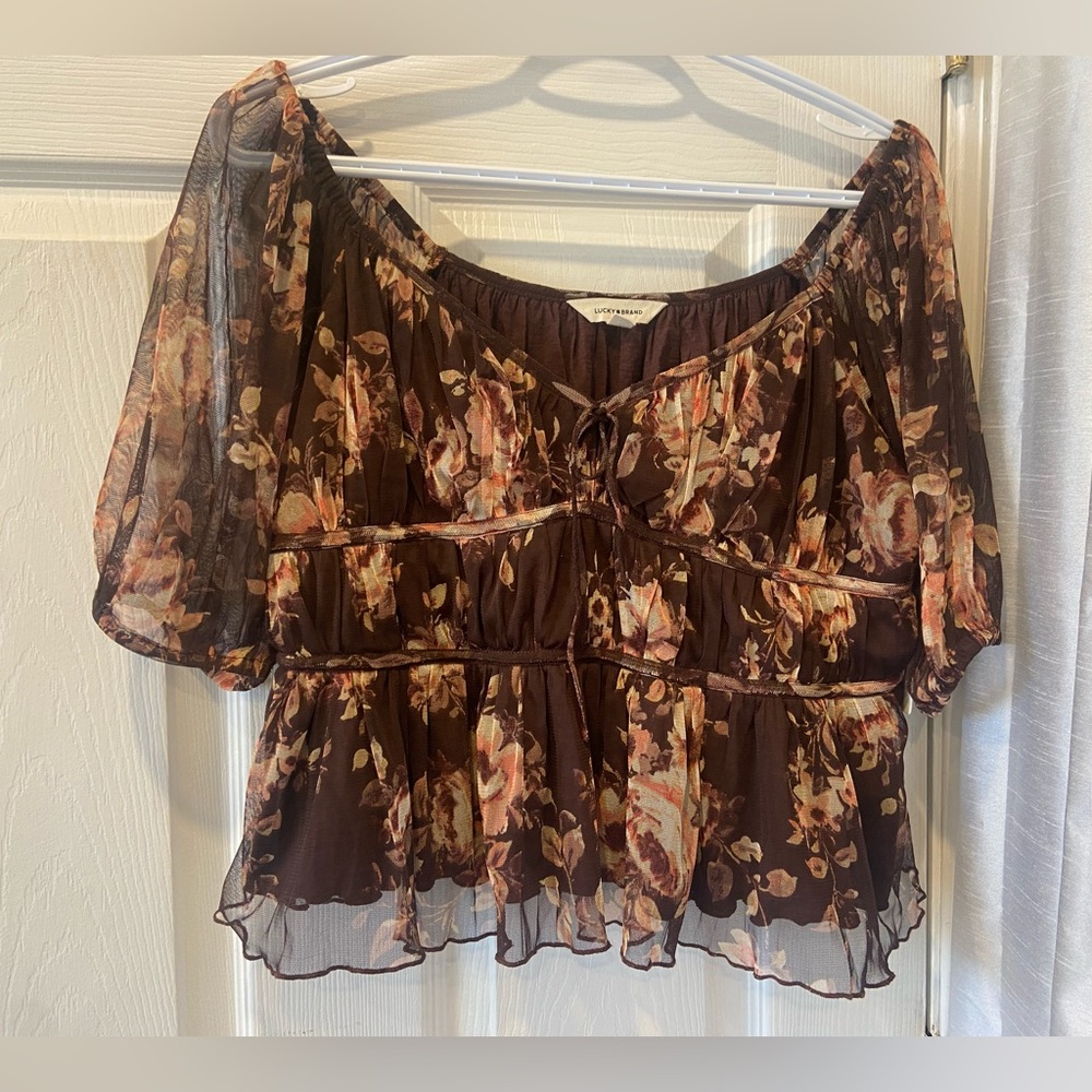 Beautiful Floral Lucky Brand Crop Style Blouse Boho Chic Vibes Size Large NWT
